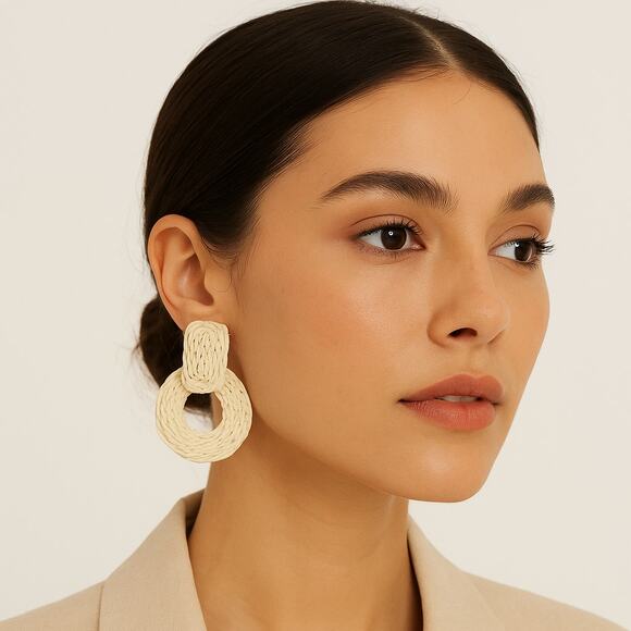 A247-C • Boho Geometric Raffia Rattan Earrings - Picture 1 of 4